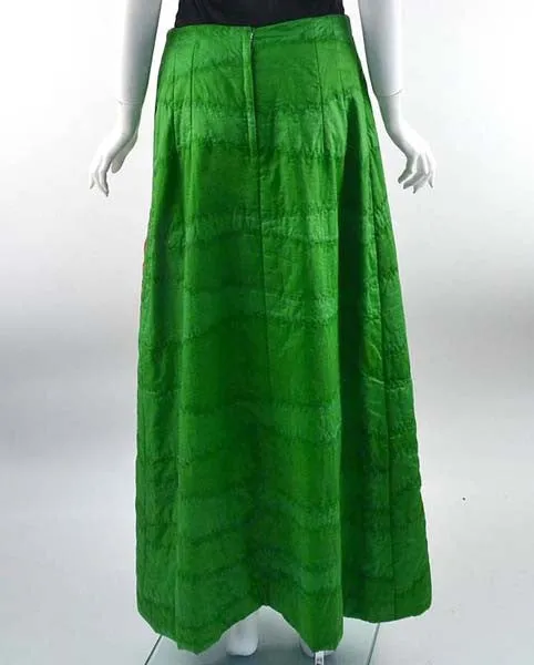 1970s Hand Screened Goldfish Green Quilted Cotton Maxi Skirt