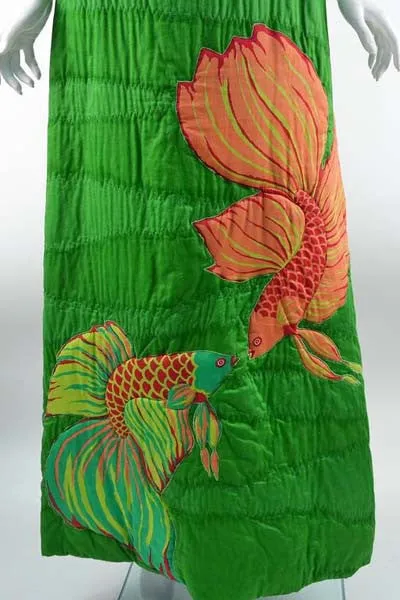 1970s Hand Screened Goldfish Green Quilted Cotton Maxi Skirt