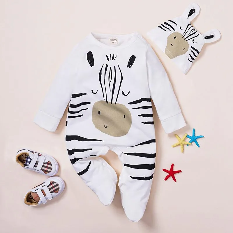 2-piece Cute Cartoon Zebra Printed Long-sleeved Jumpsuit and Hat Set for Baby Wholesale children's clothing