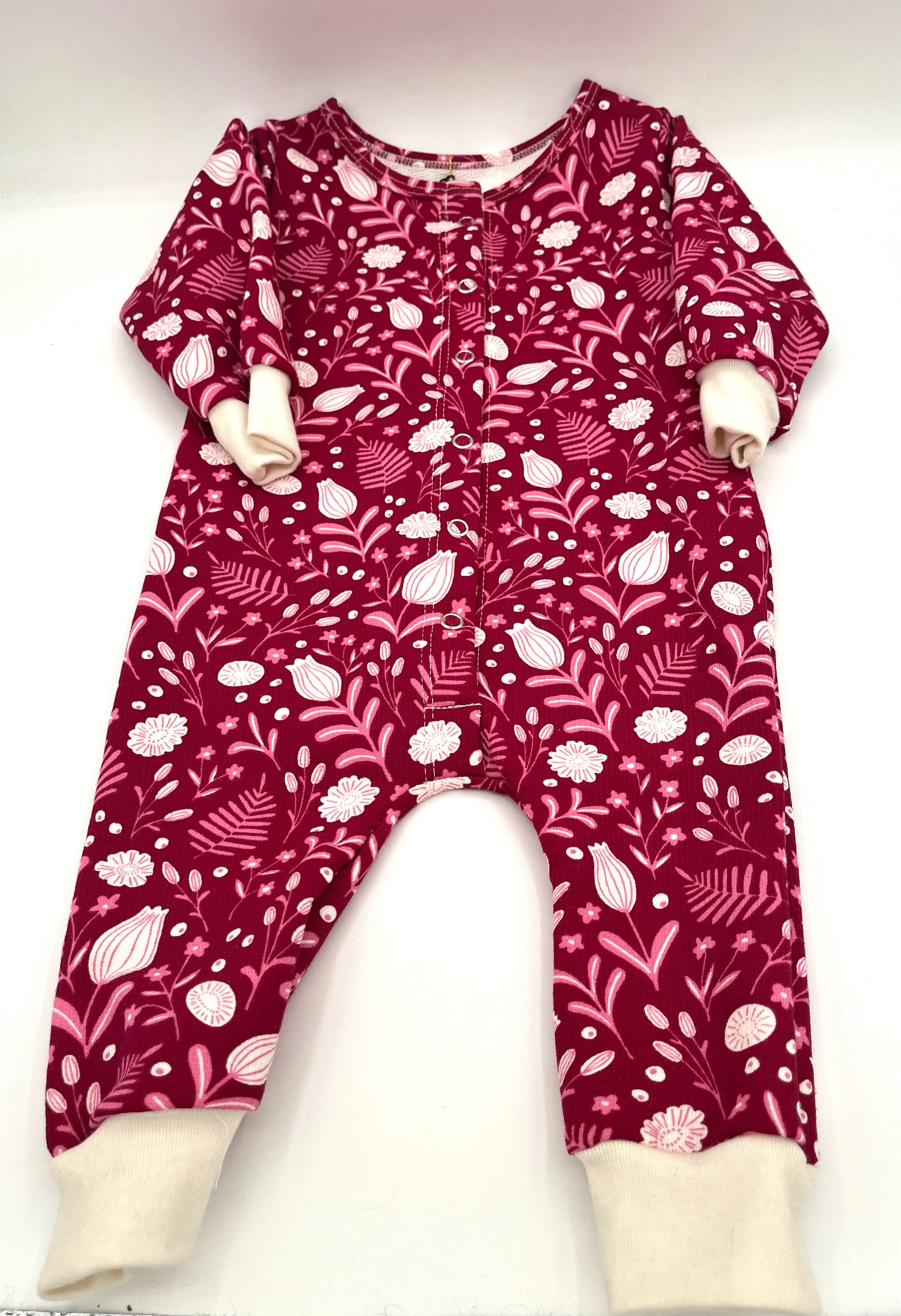 3 M French Terry Jumpsuit - Ferns Flowers Plum