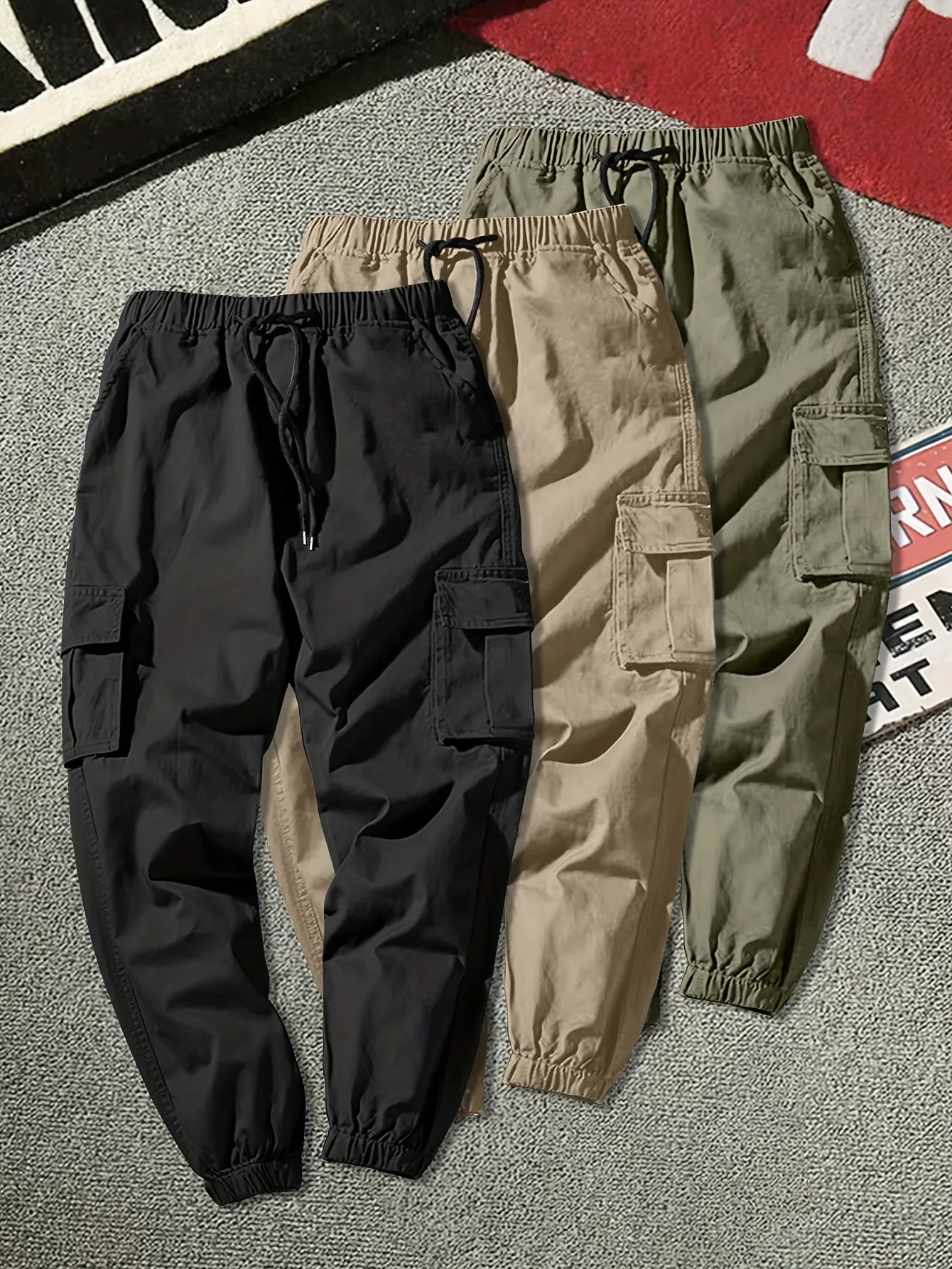 3 Pcs Men's Loose Solid Cargo Pants With Multi Pockets, Drawstring Joggers For Outdoor