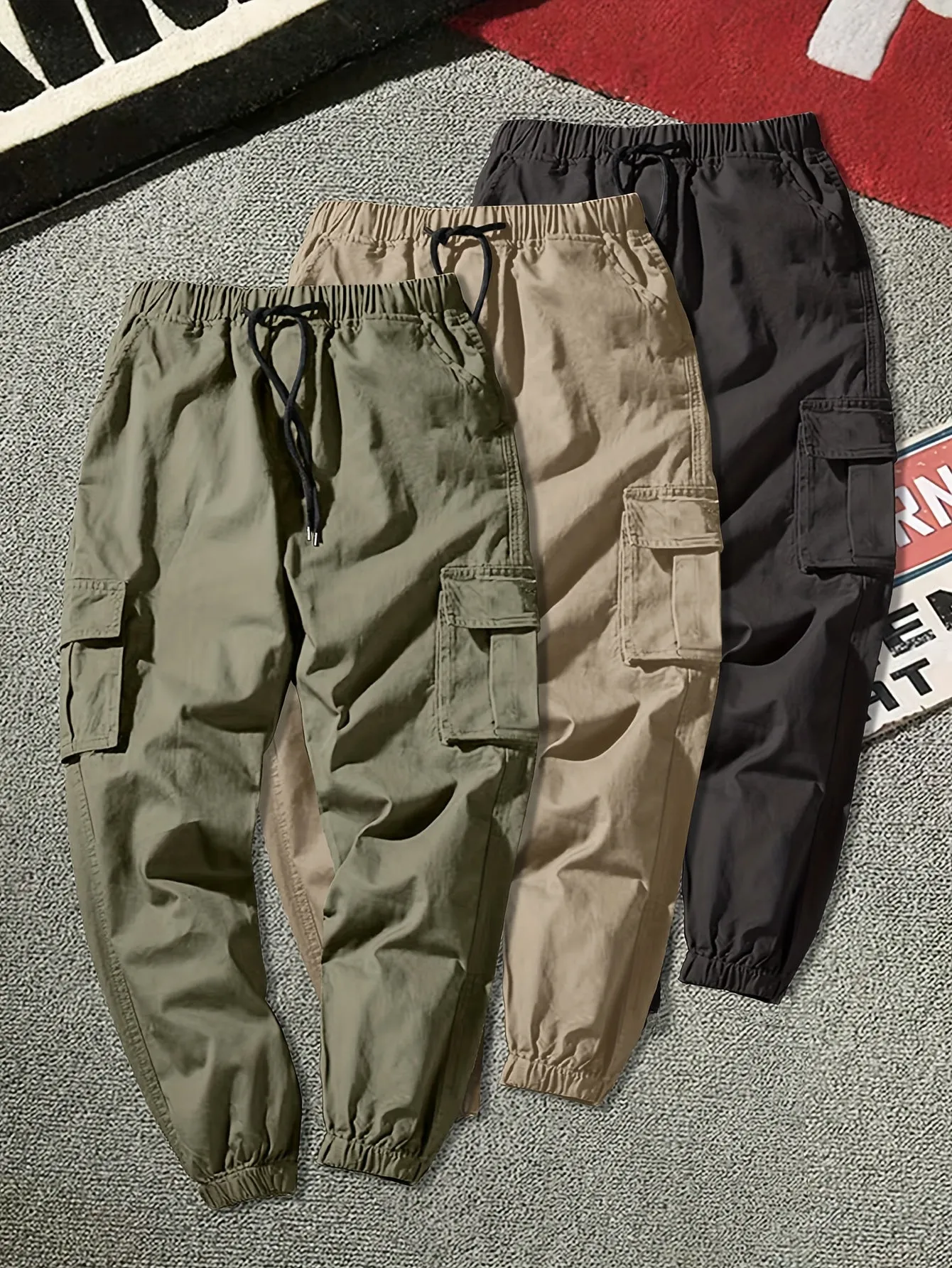 3 Pcs Men's Loose Solid Cargo Pants With Multi Pockets, Drawstring Joggers For Outdoor