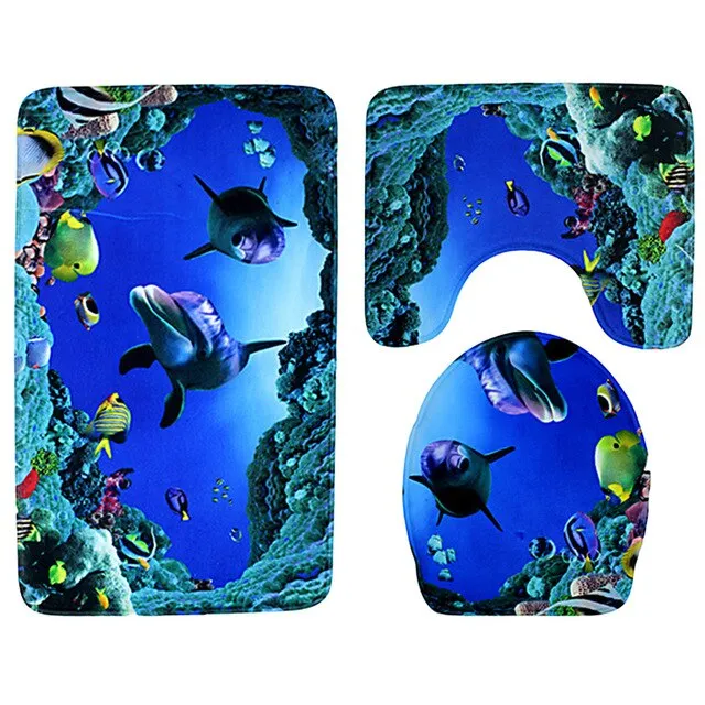 3pcs/lot Seascape Bath Mat Bathroom Carpet Set Ocean Underwater World Pattern Anti Slip Pedestal Rug Lid Toilet Cover