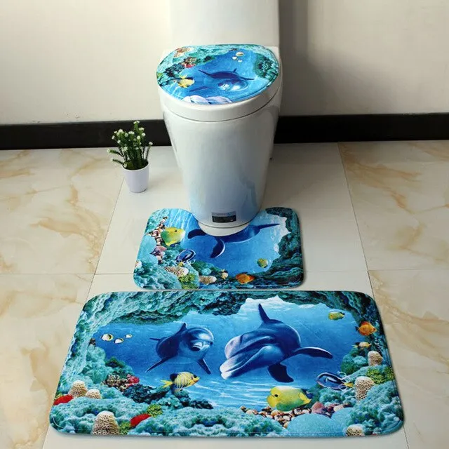 3pcs/lot Seascape Bath Mat Bathroom Carpet Set Ocean Underwater World Pattern Anti Slip Pedestal Rug Lid Toilet Cover