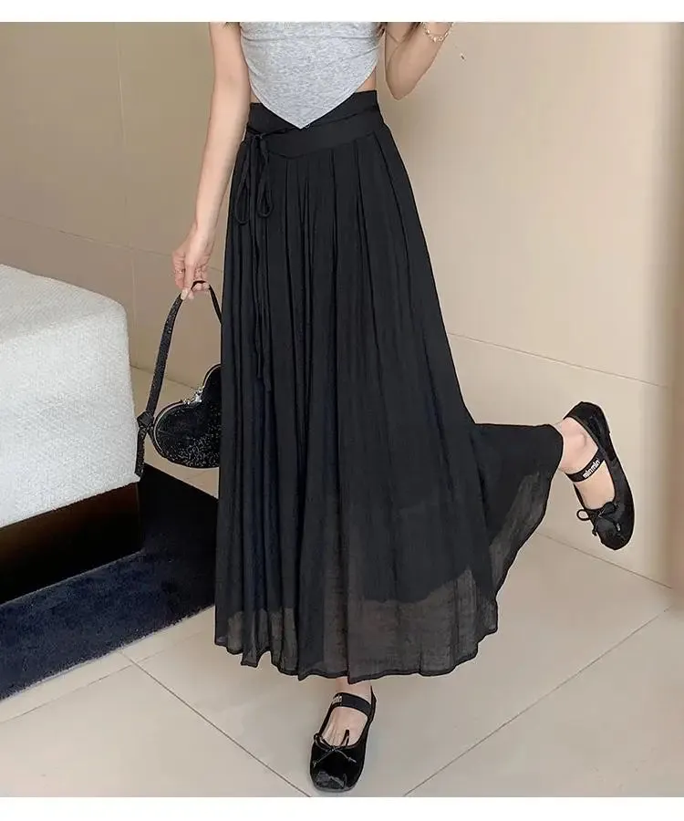 Aiertu Women Elegant High Waist Maxi Lace Up Skirt Summer Ladies Casual Elastic Waist Pleated Long Skirts Fairy A-line Mid Length