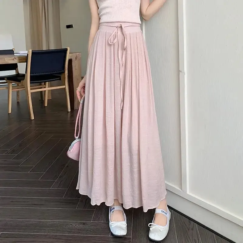 Aiertu Women Elegant High Waist Maxi Lace Up Skirt Summer Ladies Casual Elastic Waist Pleated Long Skirts Fairy A-line Mid Length