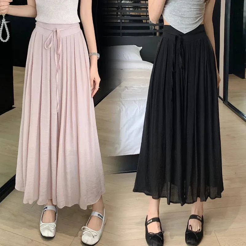 Aiertu Women Elegant High Waist Maxi Lace Up Skirt Summer Ladies Casual Elastic Waist Pleated Long Skirts Fairy A-line Mid Length