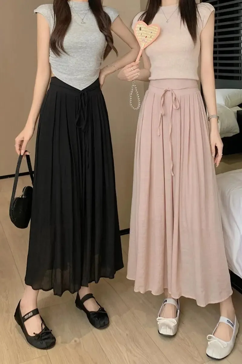 Aiertu Women Elegant High Waist Maxi Lace Up Skirt Summer Ladies Casual Elastic Waist Pleated Long Skirts Fairy A-line Mid Length