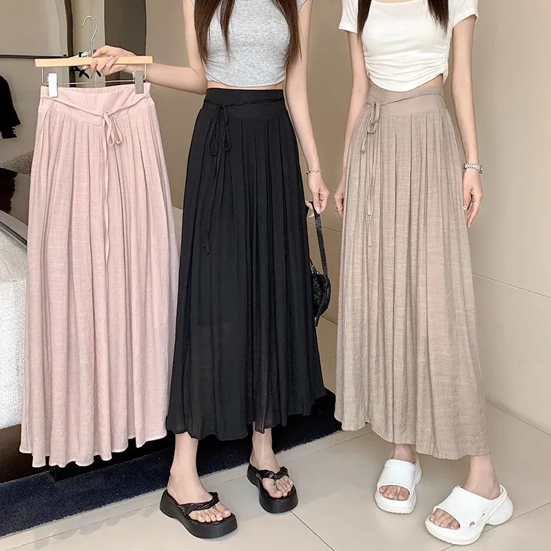 Aiertu Women Elegant High Waist Maxi Lace Up Skirt Summer Ladies Casual Elastic Waist Pleated Long Skirts Fairy A-line Mid Length