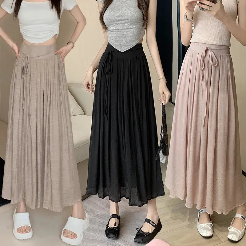 Aiertu Women Elegant High Waist Maxi Lace Up Skirt Summer Ladies Casual Elastic Waist Pleated Long Skirts Fairy A-line Mid Length