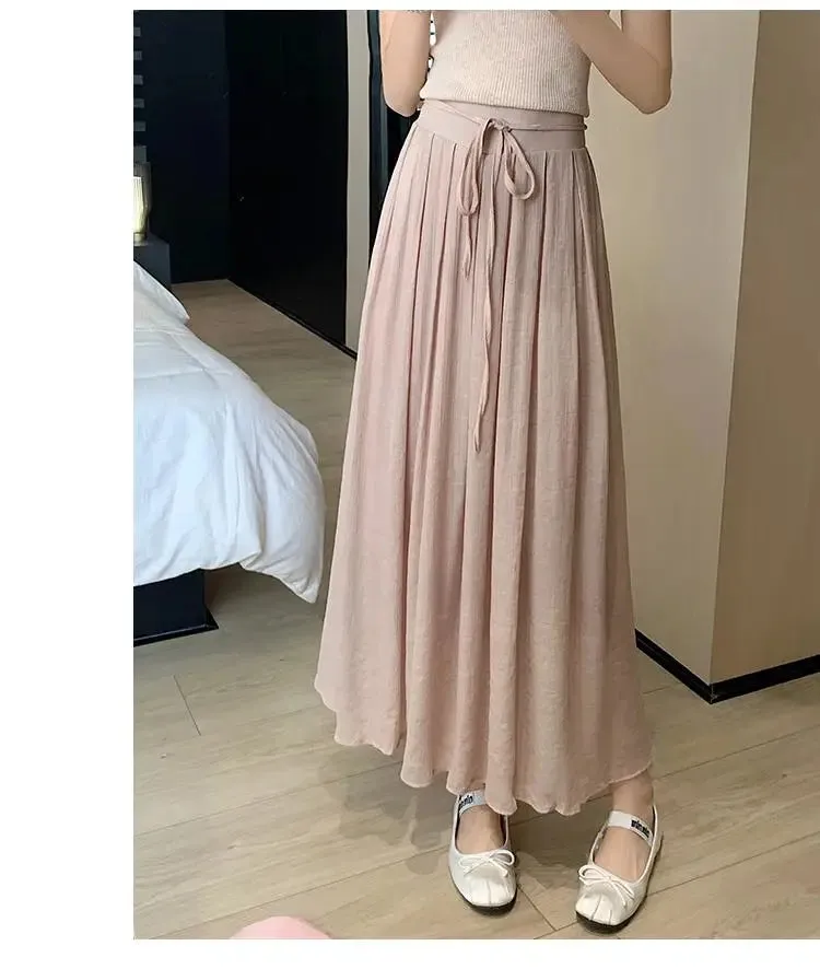 Aiertu Women Elegant High Waist Maxi Lace Up Skirt Summer Ladies Casual Elastic Waist Pleated Long Skirts Fairy A-line Mid Length