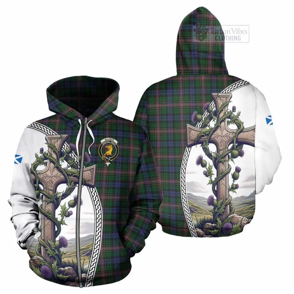 Allison Tartan Hoodie with Family Crest and St. Andrew's Cross Accented by Thistle Vines