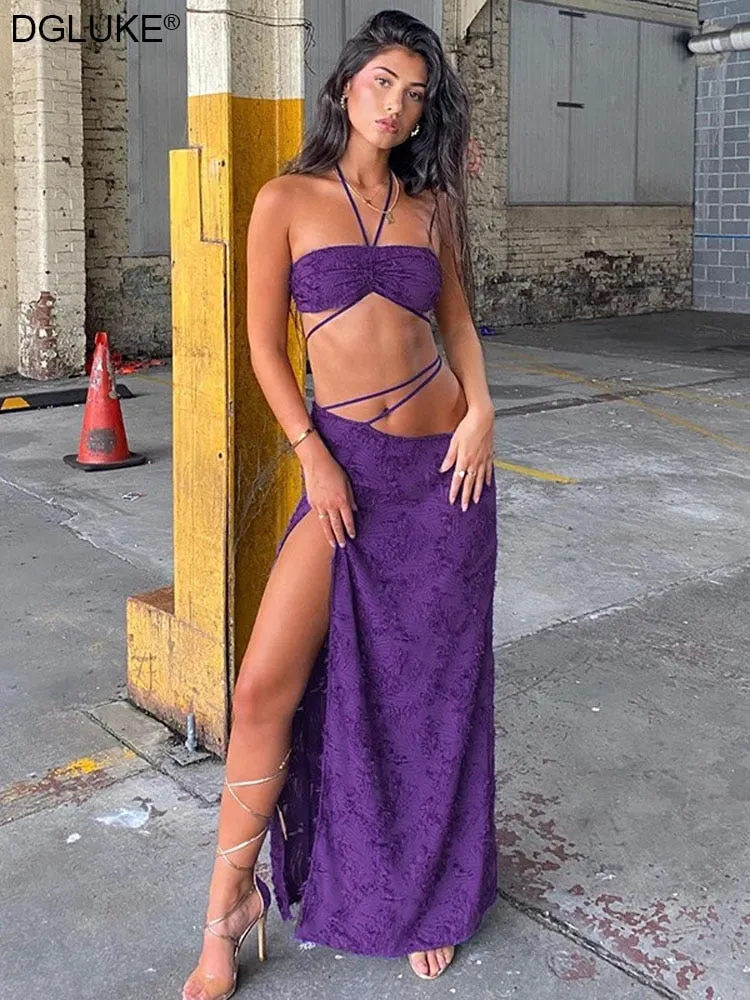 Amozae- Maxi Skirt And Crop Top Set   Outfits For Woman   Elegant Summer Beach Party Co-Ord Sets Purple