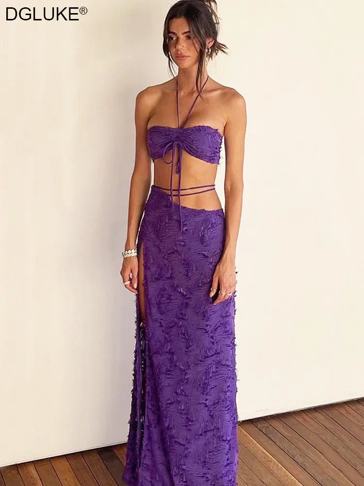 Amozae- Maxi Skirt And Crop Top Set   Outfits For Woman   Elegant Summer Beach Party Co-Ord Sets Purple