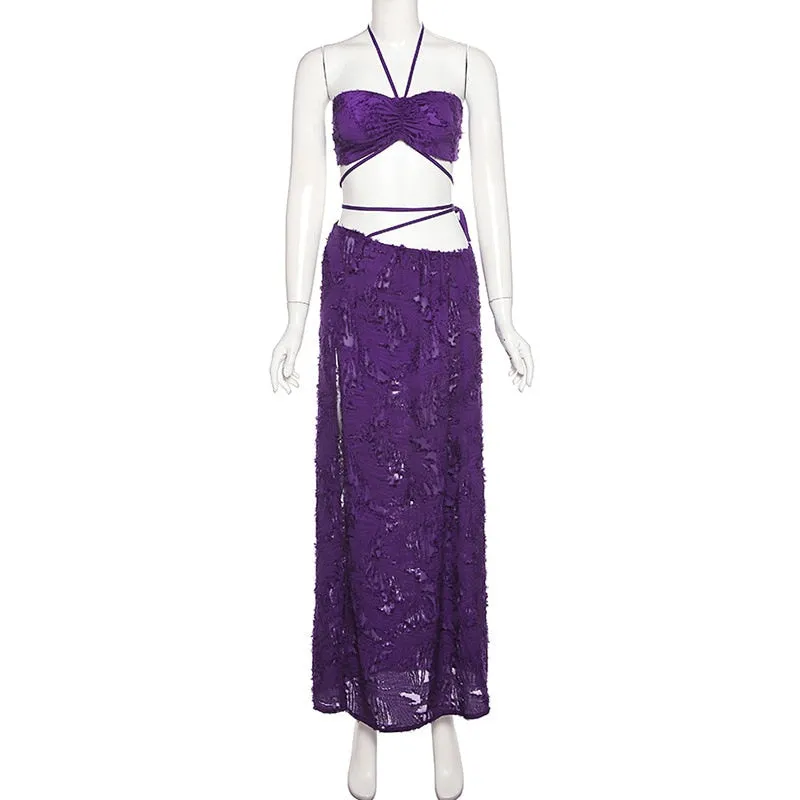 Amozae- Maxi Skirt And Crop Top Set   Outfits For Woman   Elegant Summer Beach Party Co-Ord Sets Purple