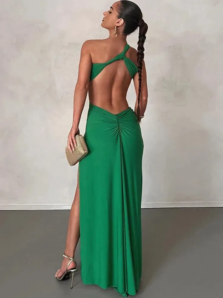 Amozae One Shoulder Strap Backless Maxi Dress For Women Gown Strapless Sleeveless Backless Thigh High Split Sexy Evening Dress