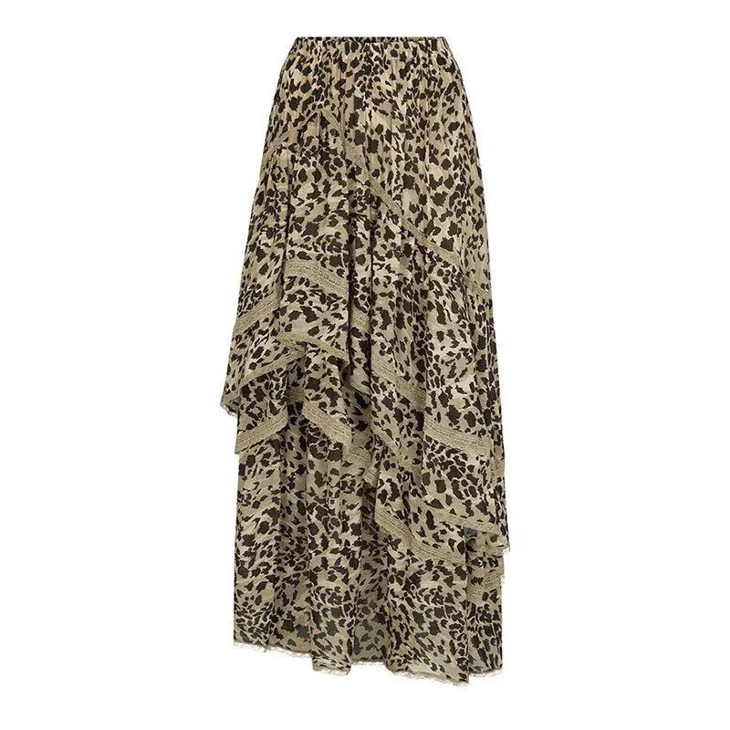 Amozae-Summer New Leopard Printed Maxi Skirt Women's Ruffled Patchwork Fashion Loose High Waist Bandage Female Club Party Skirt