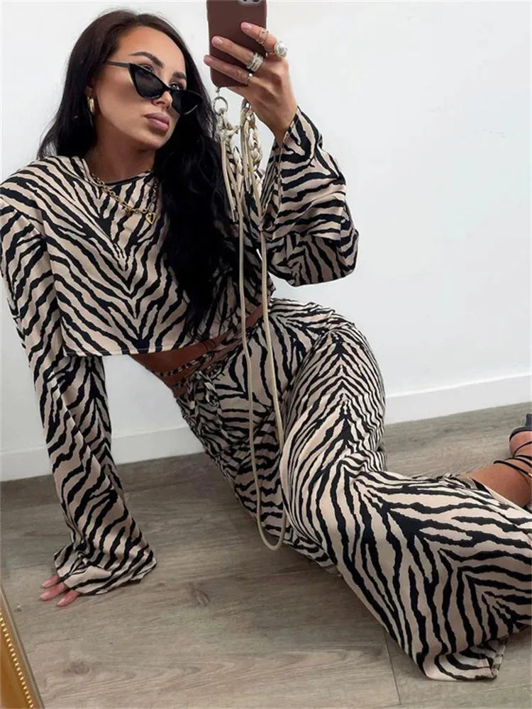 Amozae Zebra Printed 2 Piece-Set Long Skirt For Women Striped Lace-Up Cropped Top And High Waist Fashion Maxi Skirt Outfits 2024