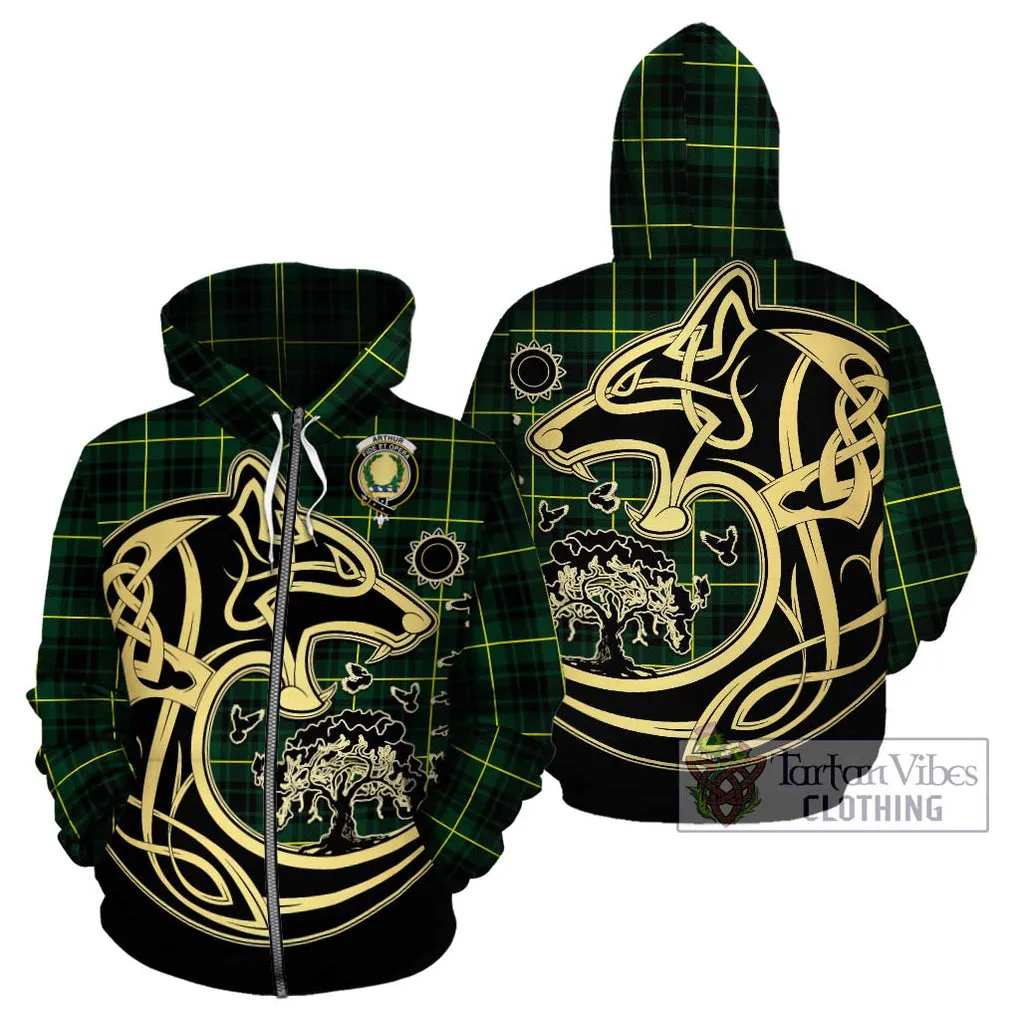 Arthur Modern Tartan Hoodie with Family Crest Celtic Wolf Style