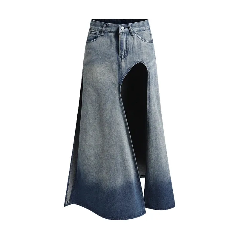 Asymmetric Leggy Open Slit High Waist Denim Skirts