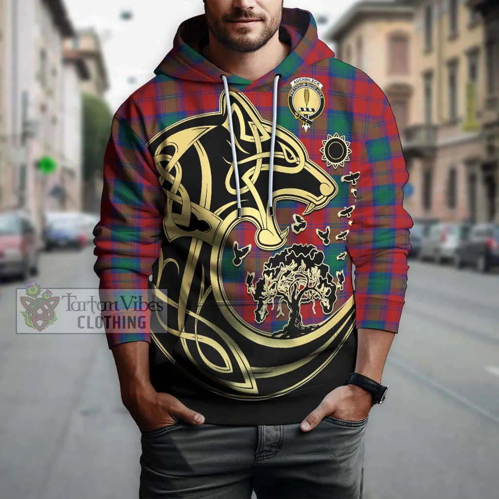 Auchinleck (Affleck) Tartan Hoodie with Family Crest Celtic Wolf Style