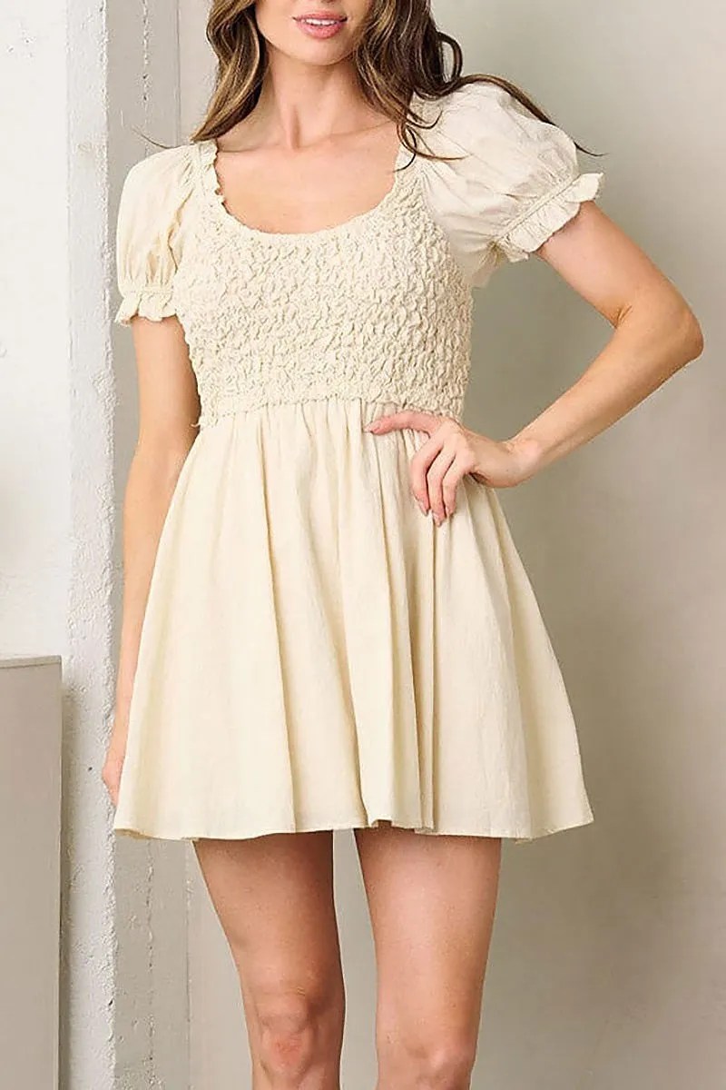 Baby Doll Style Fit and Flare Natural Beige Mini Dress