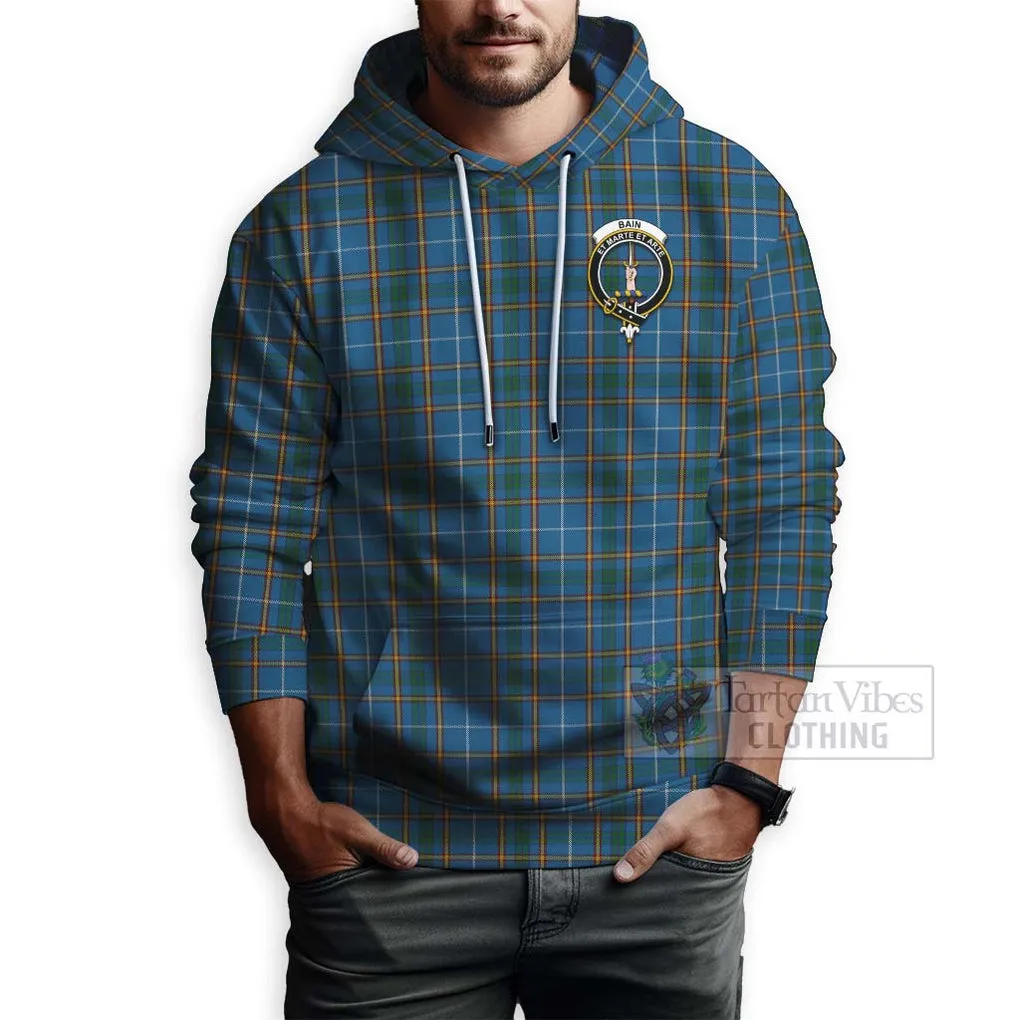 Bain Tartan Hoodie with Family Crest and Bearded Skull Holding Bottles of Whiskey