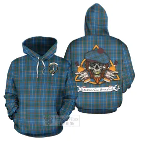 Bain Tartan Hoodie with Family Crest and Bearded Skull Holding Bottles of Whiskey