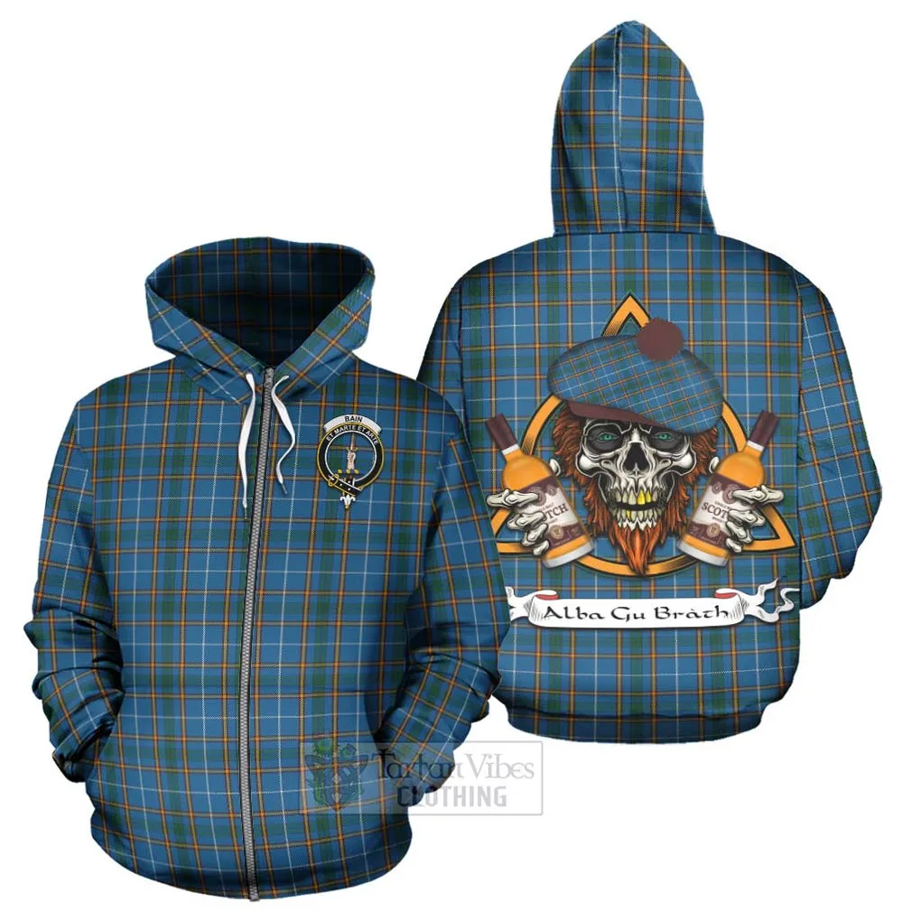 Bain Tartan Hoodie with Family Crest and Bearded Skull Holding Bottles of Whiskey