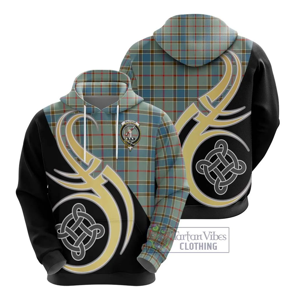 Balfour Blue Tartan Hoodie with Family Crest and Celtic Symbol Style