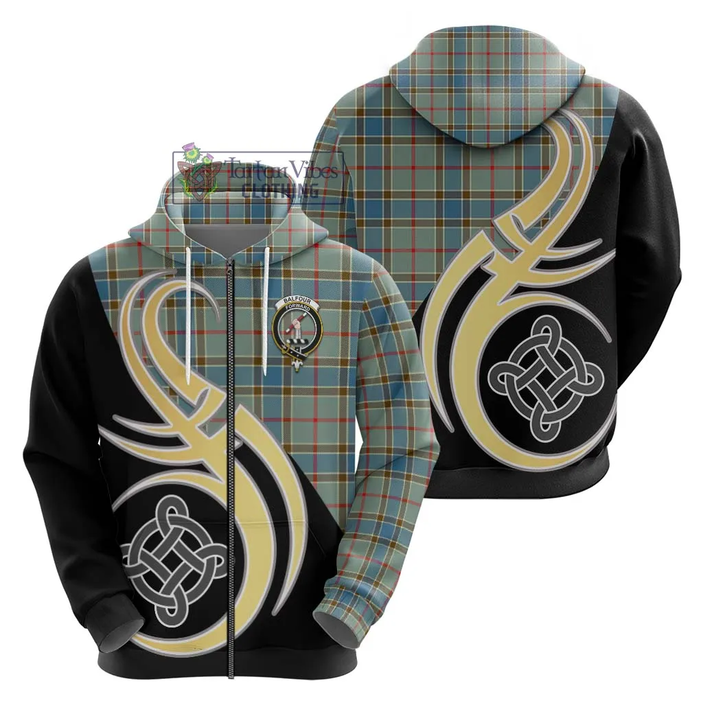 Balfour Blue Tartan Hoodie with Family Crest and Celtic Symbol Style