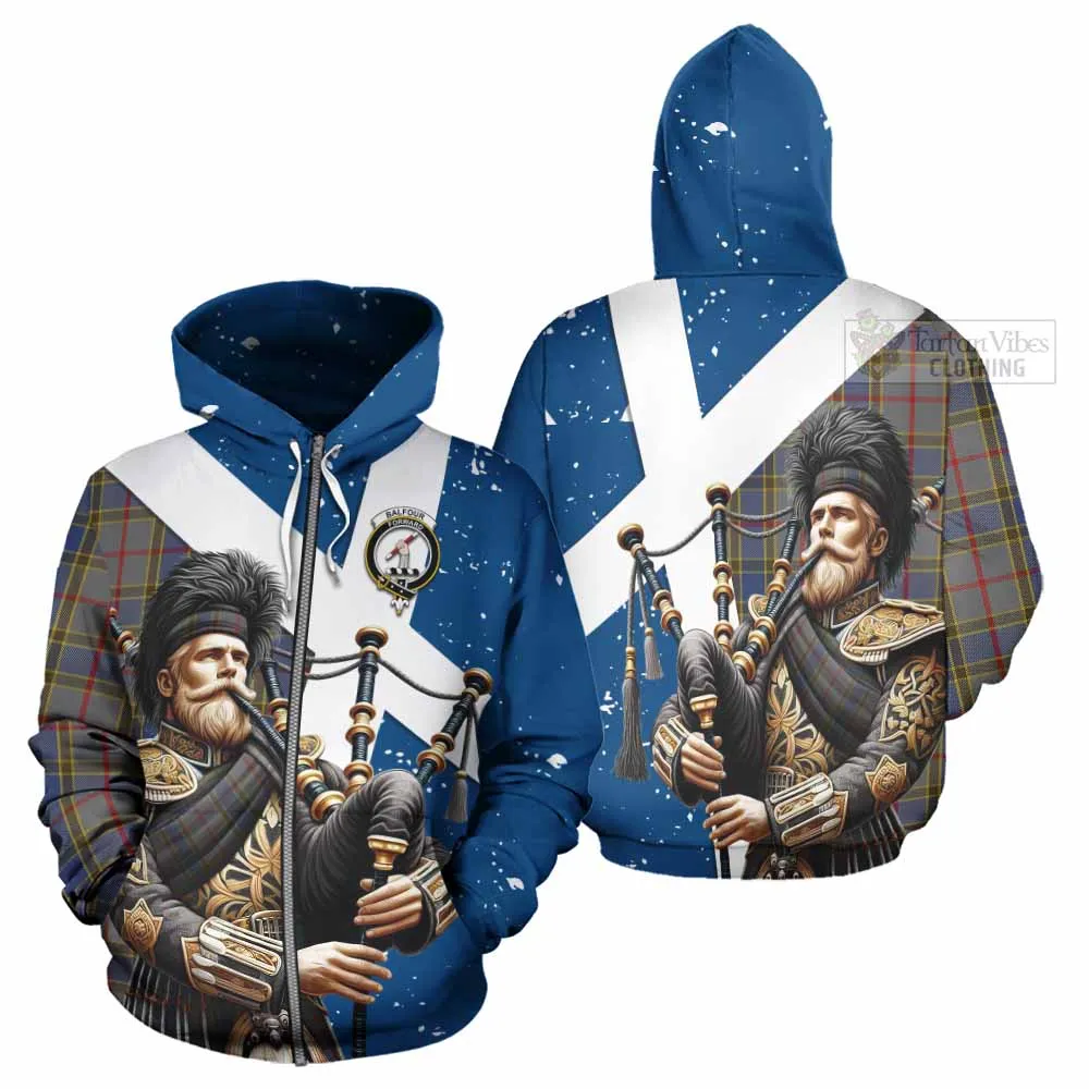 Balfour Tartan Hoodie with Family Crest Scottish Bagpiper Vibes