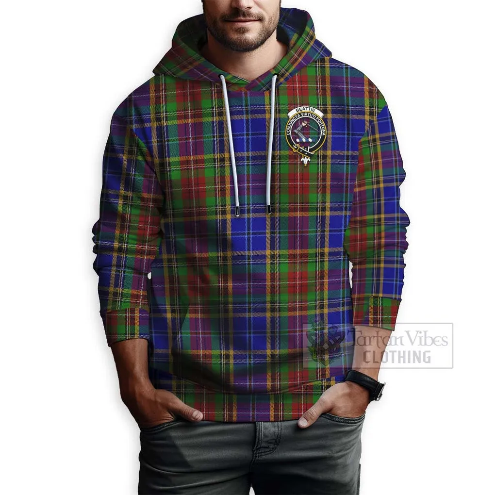 Beattie (Beatty) Tartan Hoodie with Family Crest and Bearded Skull Holding Bottles of Whiskey