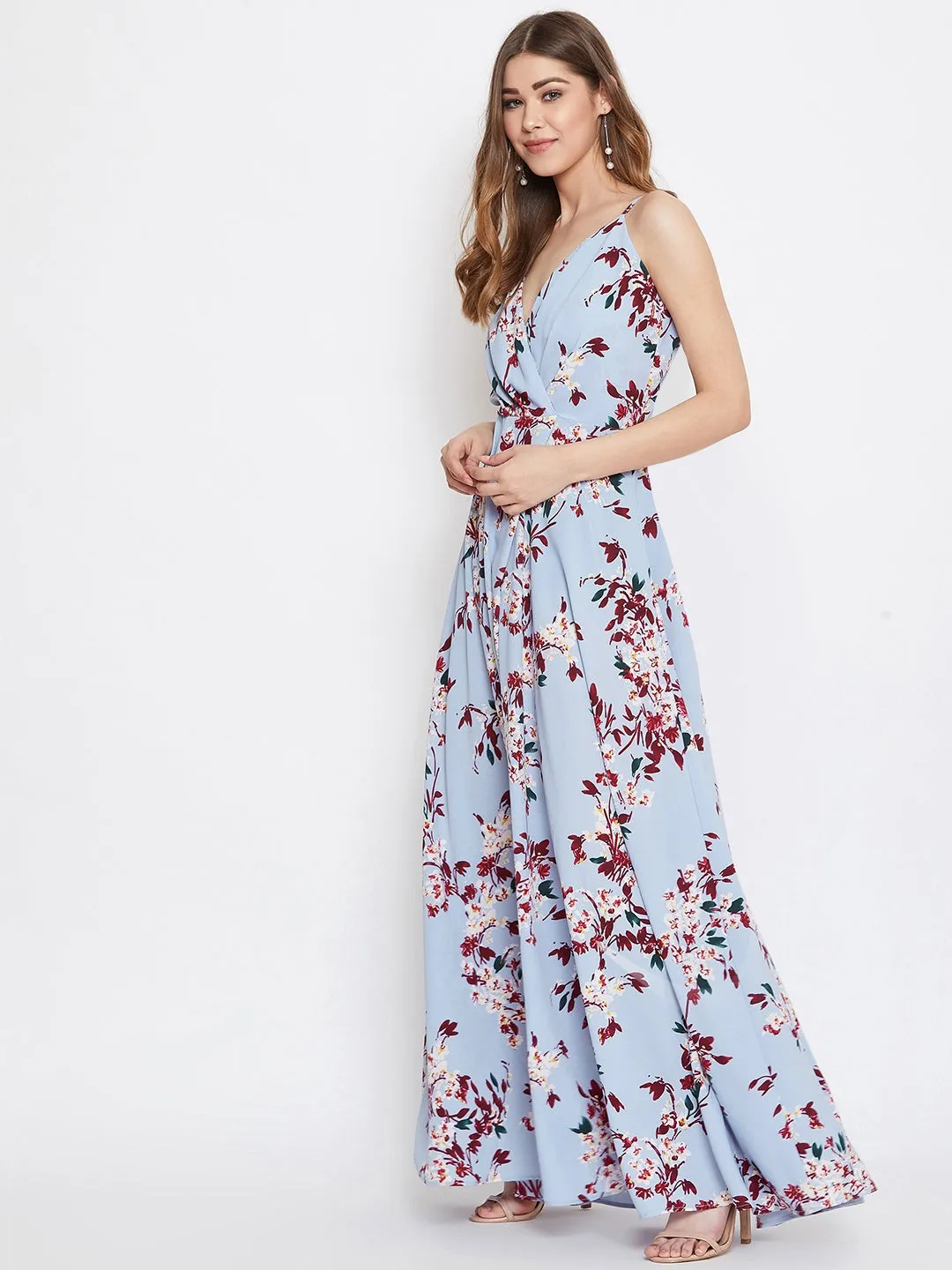 Berrylush Women Blue & Maroon Floral Printed V-Neck Crepe Fit & Flare Maxi Dress