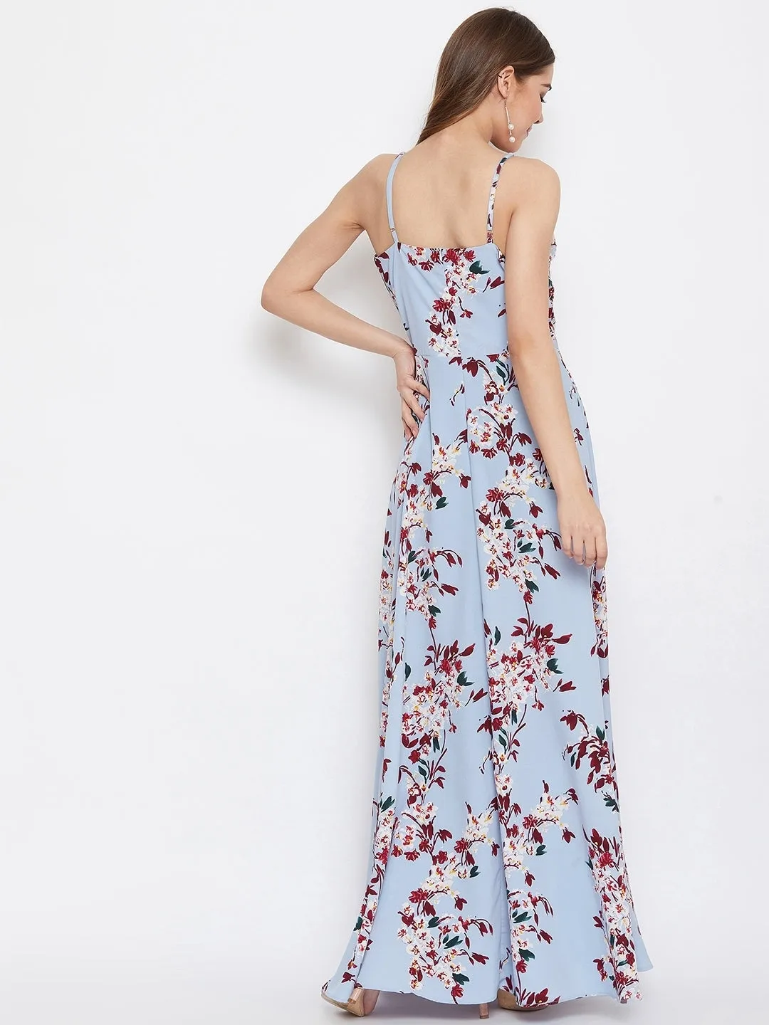 Berrylush Women Blue & Maroon Floral Printed V-Neck Crepe Fit & Flare Maxi Dress