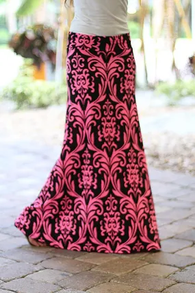 Black and Neon Pink Printed Maxi Skirt