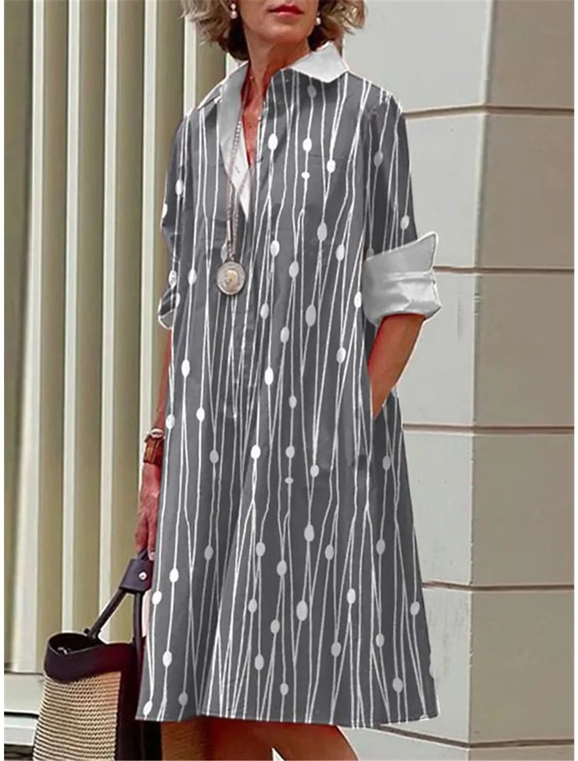 Black And White Blooming 3D Digital Printing Long-sleeved Shirt Dress