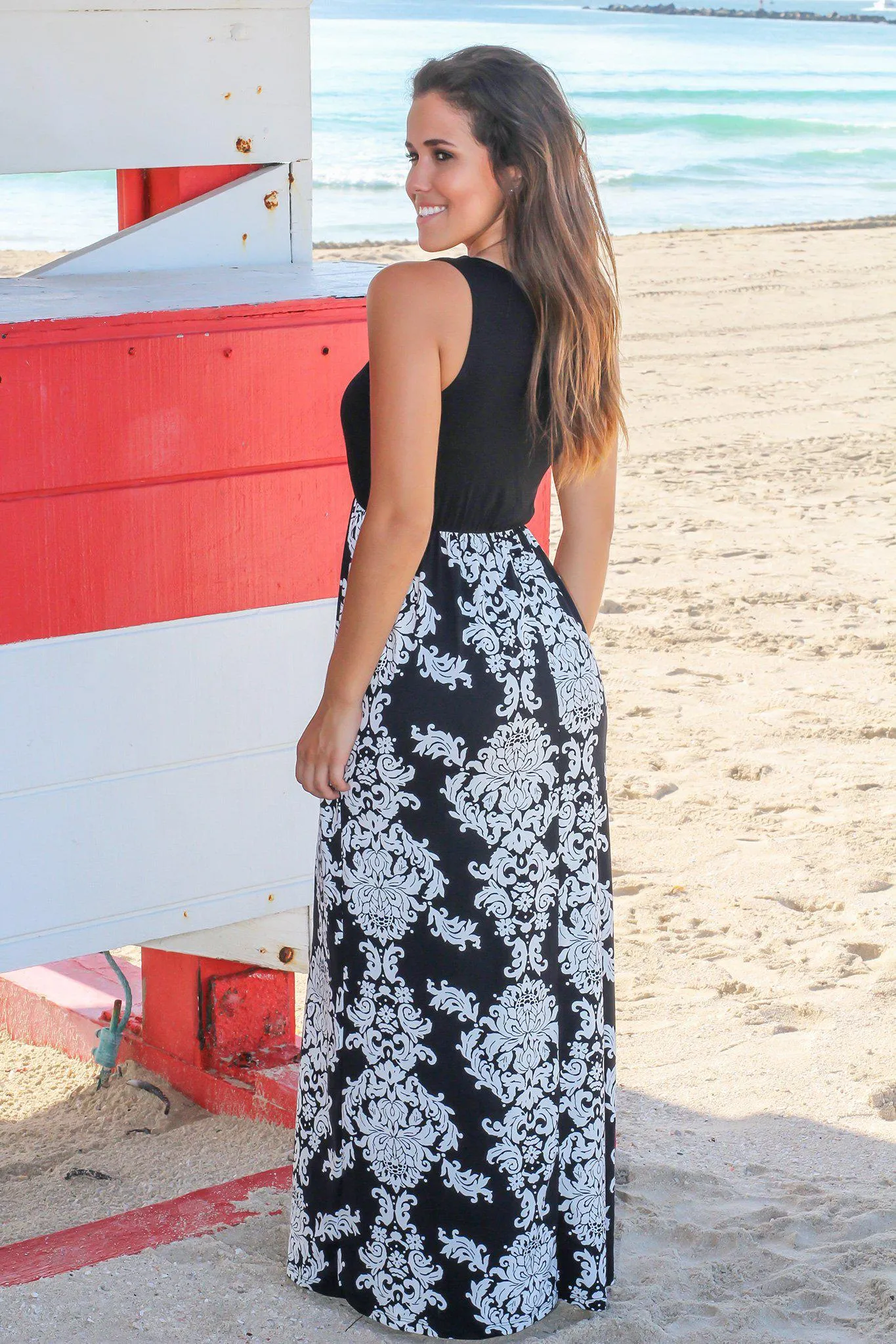 Black and White Printed Maxi Dress with Black Top