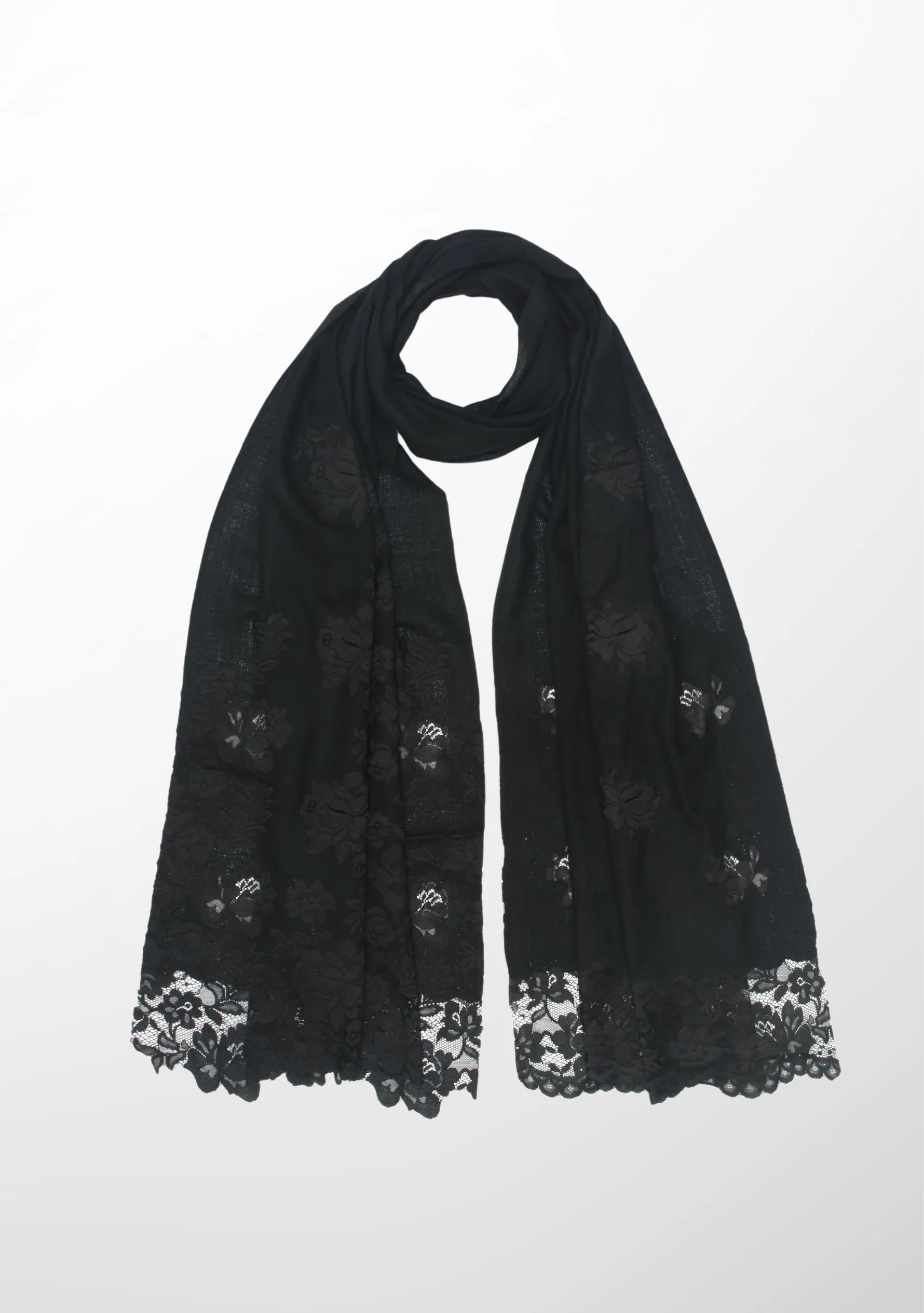 Black Cashmere Scarf with Black Chantilly Lace