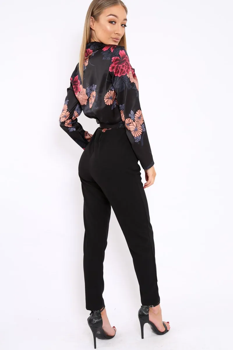 Black Floral Plunge Satin Wrap Front Jumpsuit - Talulah