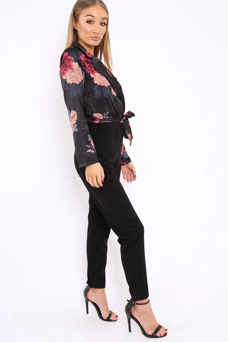 Black Floral Plunge Satin Wrap Front Jumpsuit - Talulah