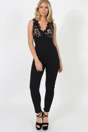 Black Lace Plunge Jumpsuit - Stella