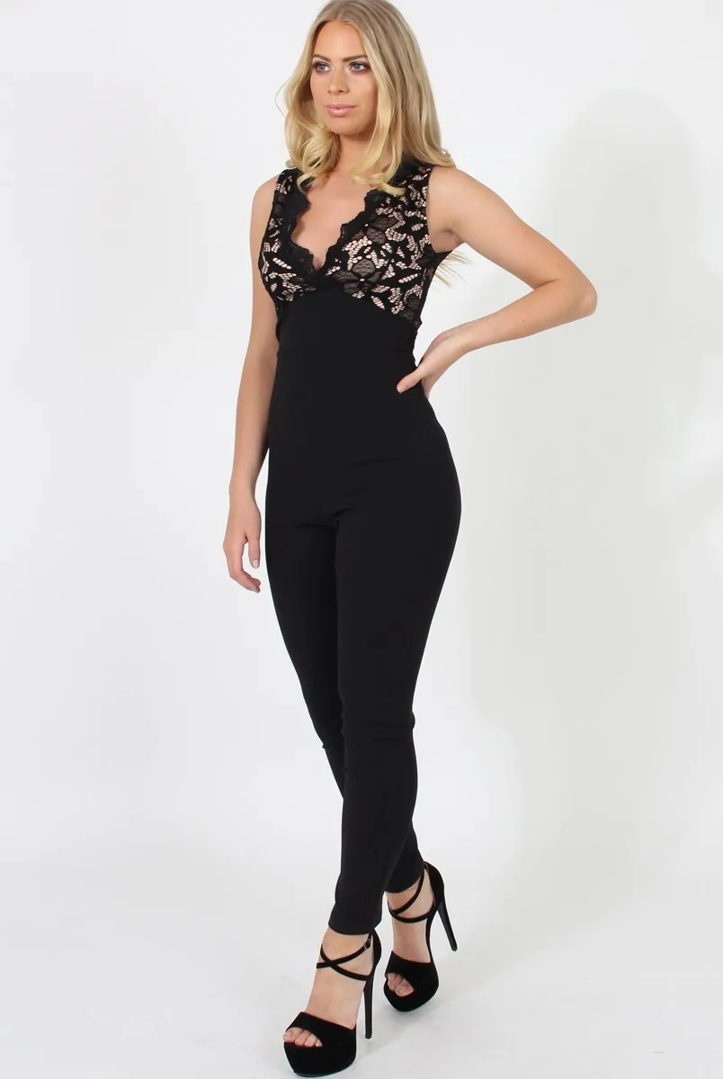 Black Lace Plunge Jumpsuit - Stella