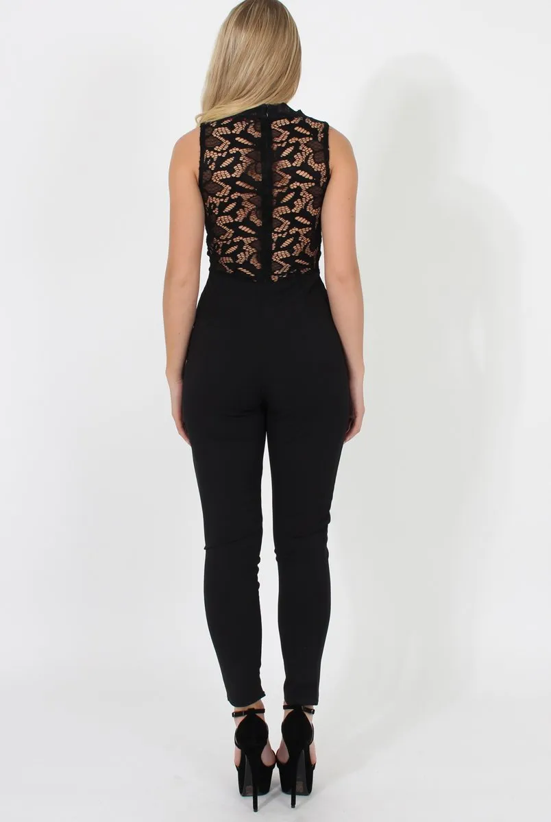 Black Lace Plunge Jumpsuit - Stella