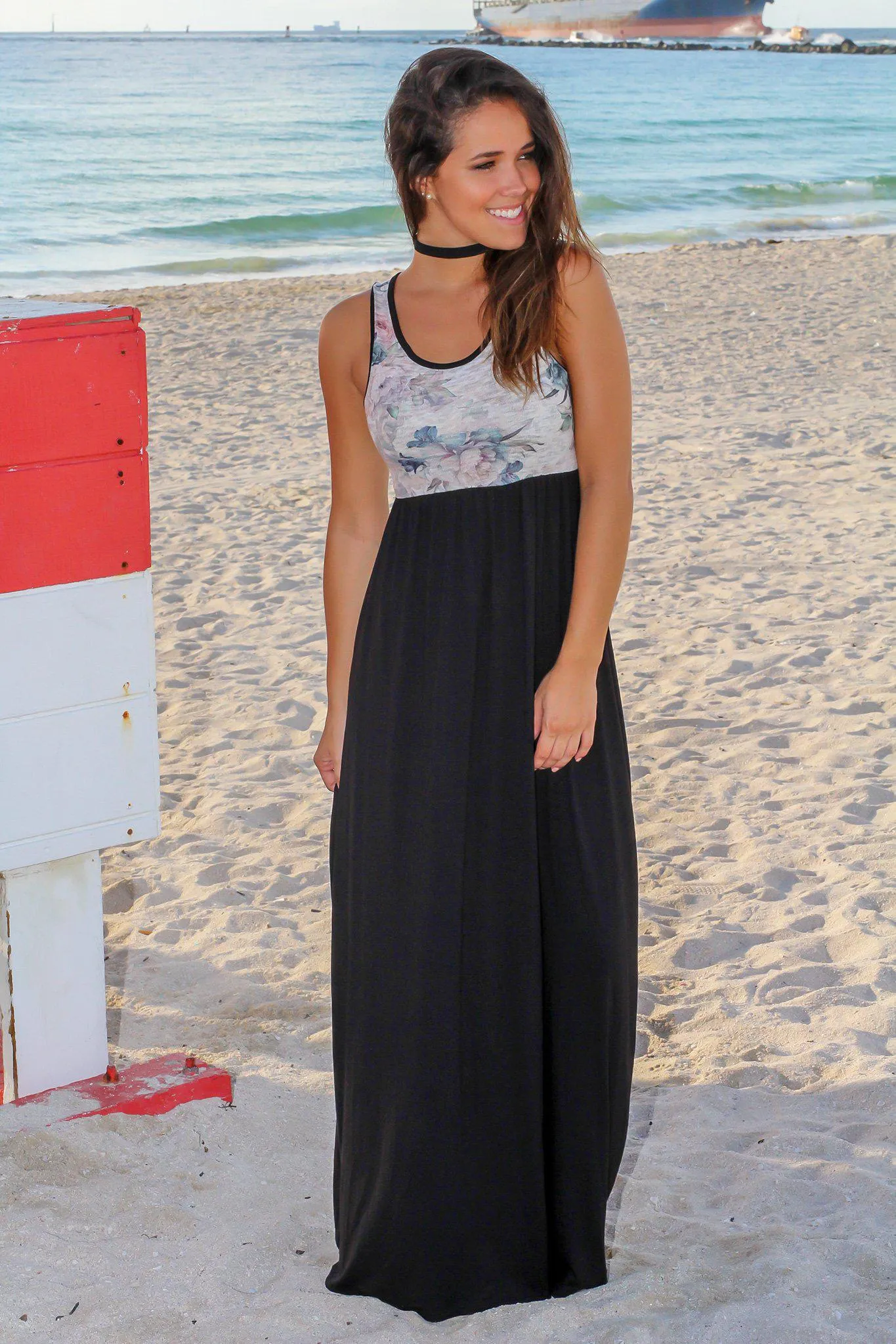 Black Maxi Dress with Cream Floral Top