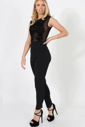 Black Mesh Flocked Jumpsuit - Keira