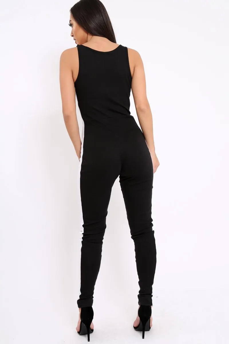 Black With White Side Stripe Bodycon Jumpsuit - Tinisha