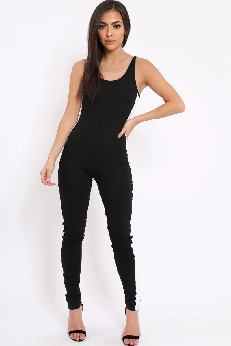 Black With White Side Stripe Bodycon Jumpsuit - Tinisha