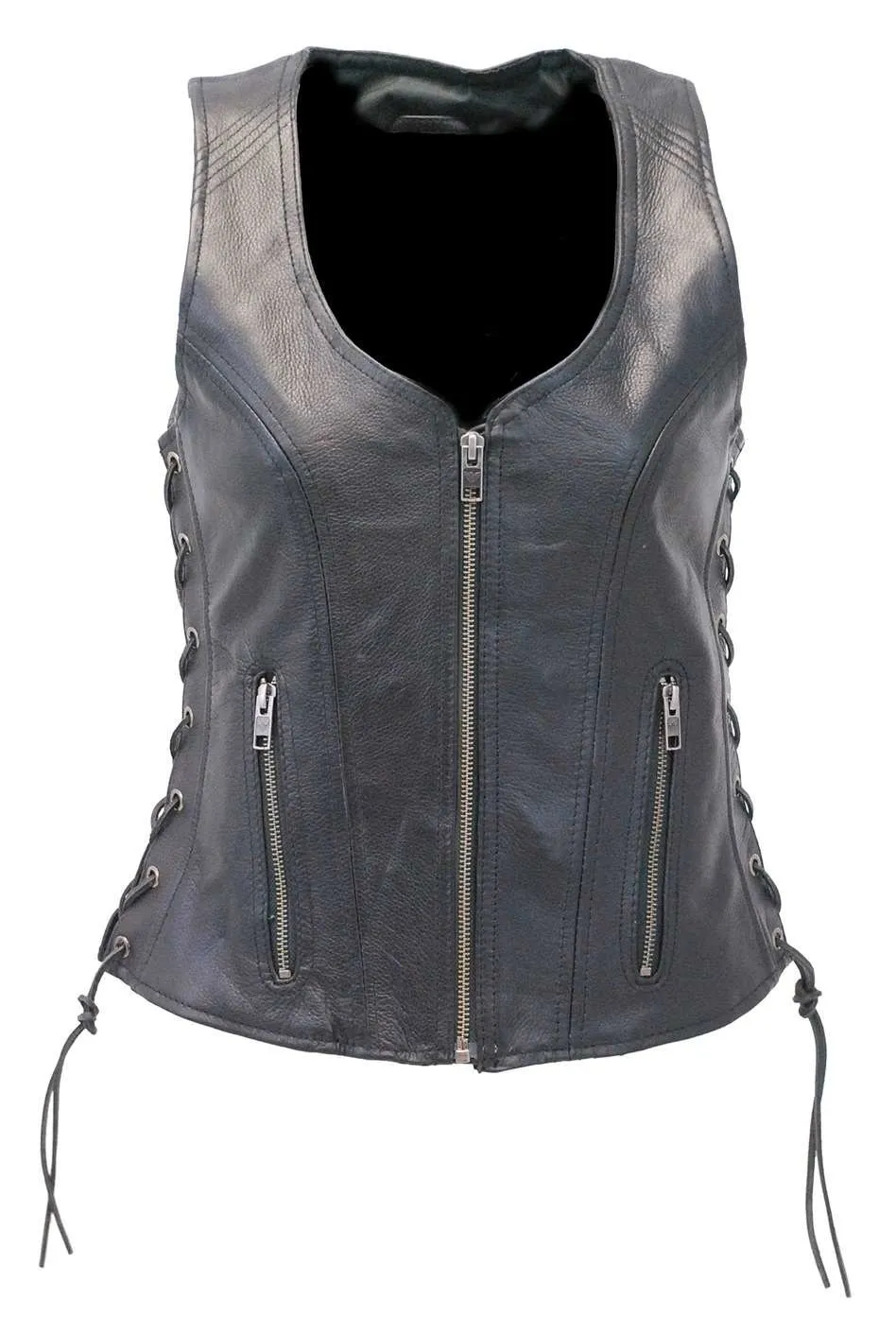 Black Women's Concealed Pockets Side Lace Leather Zip Vest #VL4531GLK