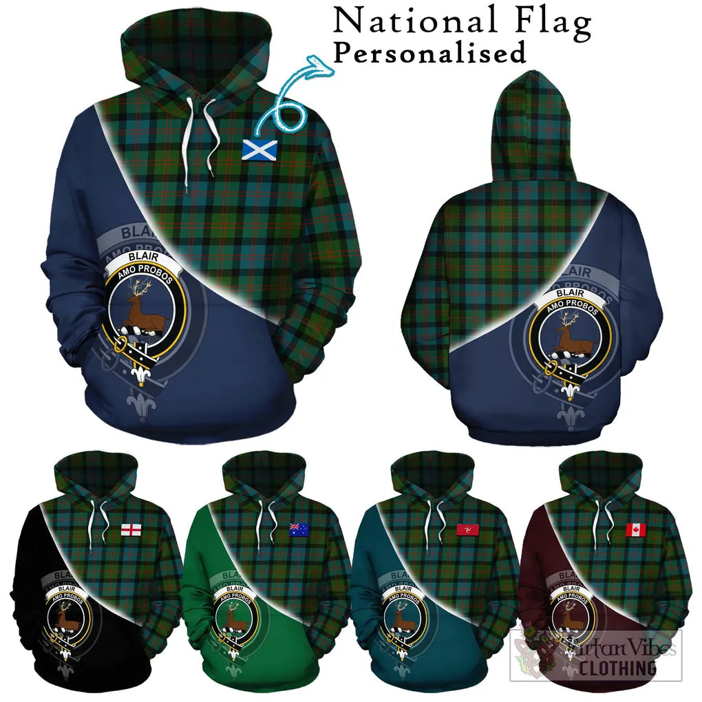 Blair Ancient Tartan Hoodie with Personalised National Flag and Family Crest Half Style